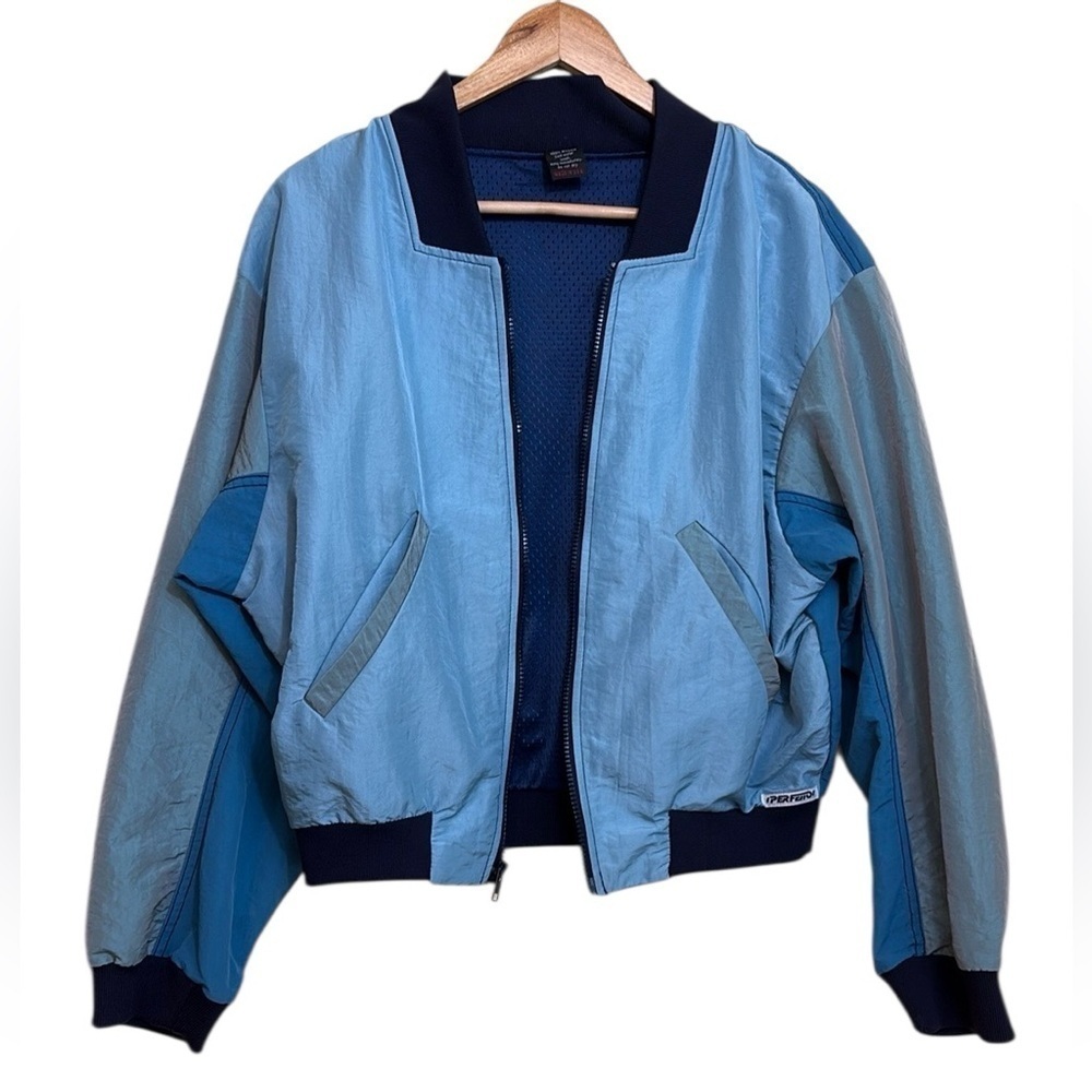 Perfetto Sportswear Vintage Blue Color Block Zip Nylon Oversized Bomber Jacket 2